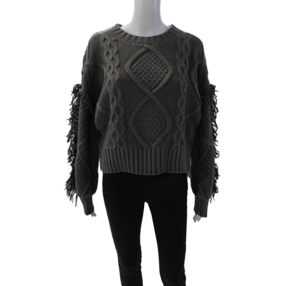 Line And Dot Womens Cotton Blend Knit Fringe Trim Sweater Top Gray Size S